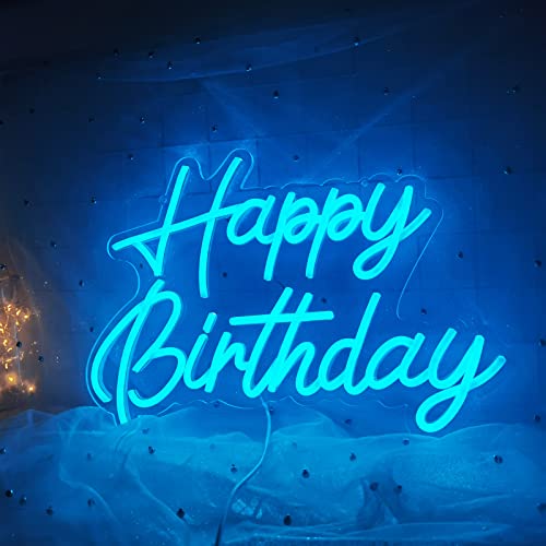 Happy Birthday Neon Sign Reusable Ice Blue LED Neon Night Light Birthday Party Decorations USB Operated Decorative for Bac...