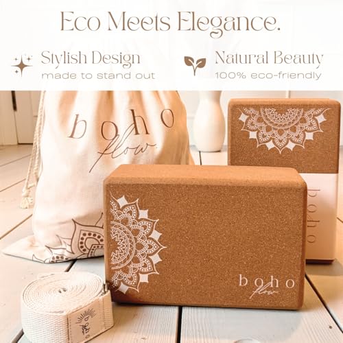 Boho Flow Cork Yoga Block 2 Pack with Strap & Bag | Premium Eco-Friendly Cork Bricks 9”x6”x3” | Heavy-Duty, Non-Slip & Dur...