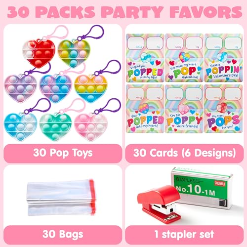 JOYIN 30 Packs Valentines Day Gifts for Kids, Heart Pop Bubble Keychain with Valentines Day Cards for Kid School Classroom...