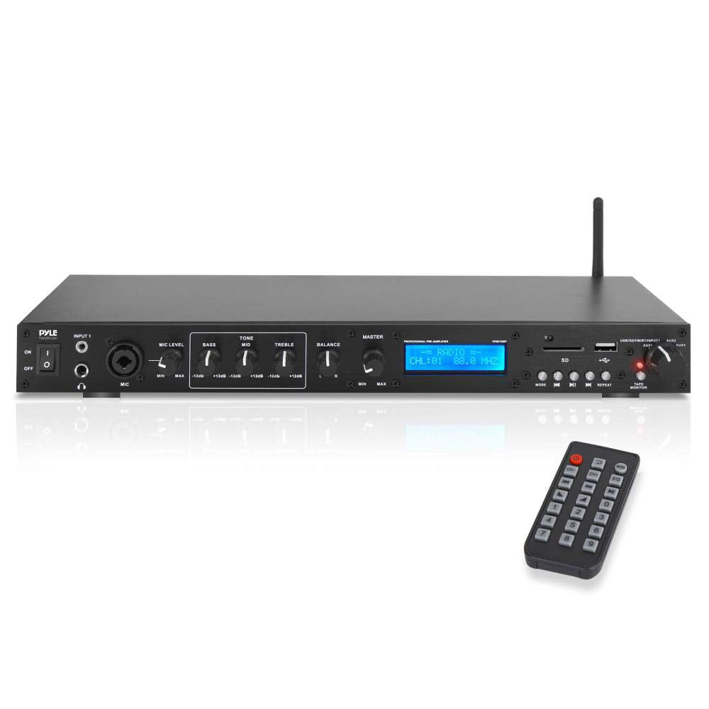 Pyle Rack Mount Studio Pre-Amplifier PPRE70BT - Bluetooth, FM Radio, Remote Control, Black