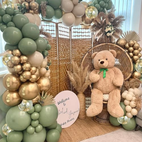 Sage Green White Sand Balloon Arch Kit, Green Beige Gold Metallic Balloons Garland Kit with Gold Confetti Balloons for Bir...