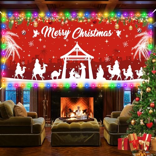RUMIA Christmas Religious Garage Door Banner Decoration Large Merry Holy Cover with LED Lights Strings Backdrop for New Ye...