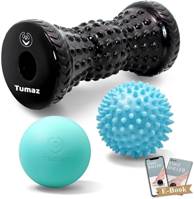 Tumaz Massage Ball & Foot Roller 3-in-1 Set with Spiky Ball, Lacrosse Ball, Massage Roller - Ergonomic Design to Relieve P...