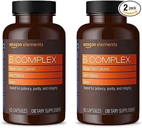 Amazon Elements B Complex, High Potency, 83% Whole Food Cultured, Supports Immune and Normal Energy Metabolism, Vegan, 65 Capsules, 2 Month Supply (Packaging May Vary) (Pack of 2)