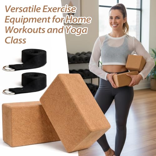 Leitee 6 Pcs Cork Yoga Blocks with Straps 9 x 6 x 4 Inch Cork Yoga Brick 8.2 FT Strap Non Slip High Density Bricks Exercis...