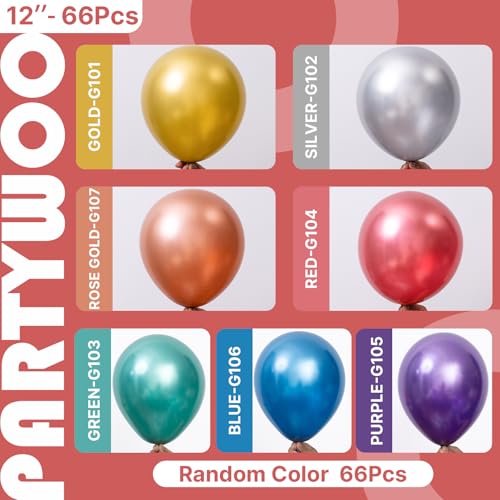 PartyWoo Metallic Balloons 66pcs 12 Inch Metallic Blue Silver Gold Purple Pink Green Rose Gold Latex Balloons for Baby Sho...