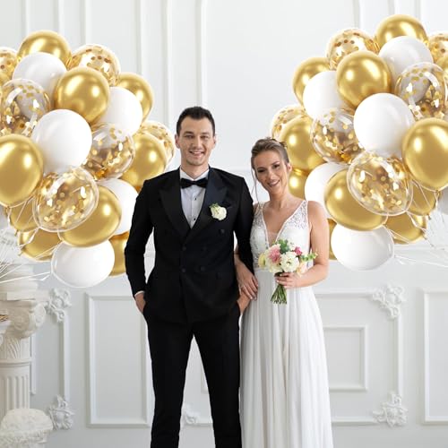 60pcs Gold and White Balloons 12inch, White and Gold Balloons with Metallic Gold Confetti Balloons for Graduation Wedding ...