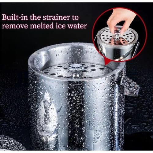 Insulated Ice Bucket with Lid and Scoop & Tong, Double Wall 304 Stainless Steel Ice Bucket for Freezer, Built-in Strainer ...