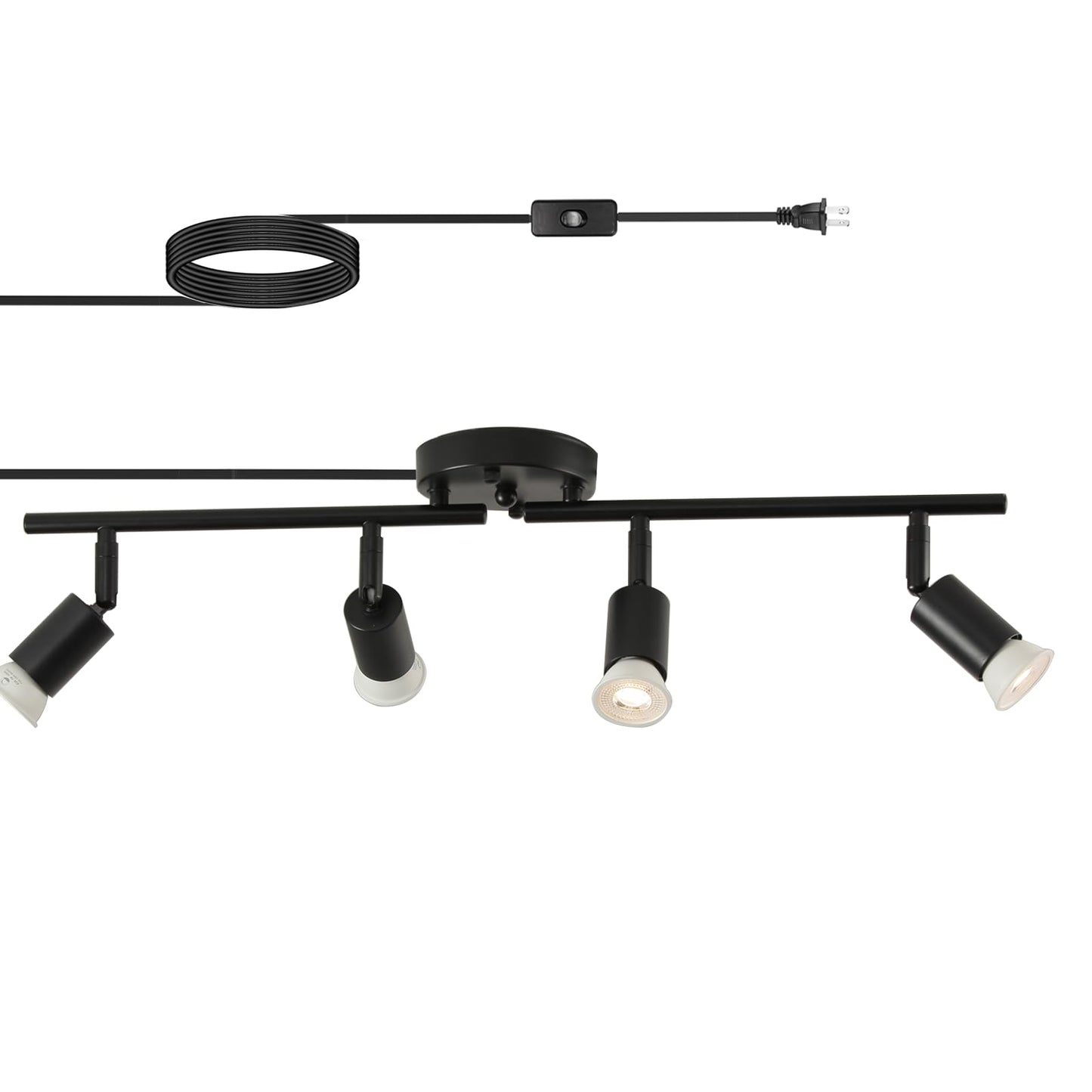 Vivihobb Plug In Track Light Black 4 Light Plug In Ceiling Lighting Fixture With 16.4 Long Cord 4 Way Ceiling Spotlight Rotatable Wall Mount Light Head Bulbs Not Included