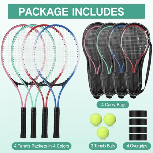 Motionchic 4 Pcs Tennis Rackets for Adult Recreational 4 Players 27" Tennis Racquet Lightweight Tennis Racket with 3 Tenni...
