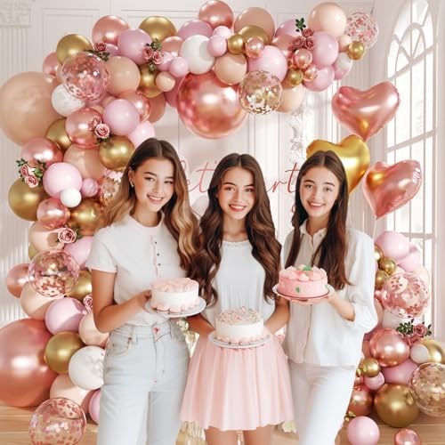 Rose Gold Balloon Garland Arch Kit, 140Pcs Nude Pastel Pink Metallic Gold White Balloons Gold and Rose Gold Confetti Ballo...