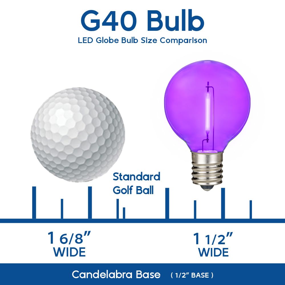 Novelty Lights 25 Pack Purple G40 Led Filament String Light Bulbs  E12/C7 Candelabra Base  5 Watt Equivalent  Shatterproof Replacement Bulbs For Patios  Canopy Lighting