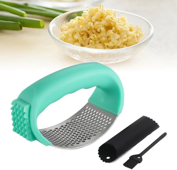 Upgraded Garlic Press Rocker, 2024 New Stainless Steel Garlic Presser, Garlic Mincer Crusher Masher with Peeler and Cleaning Brush, Garlic Chopper for Smash Garlic Kitchen Gadgets Tools (Green)