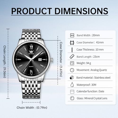 OLEVS Men's Watch,Classic Silver Watches for Men, Waterproof Stainless Steel Roman Numbers Men's Watch Easy to Read