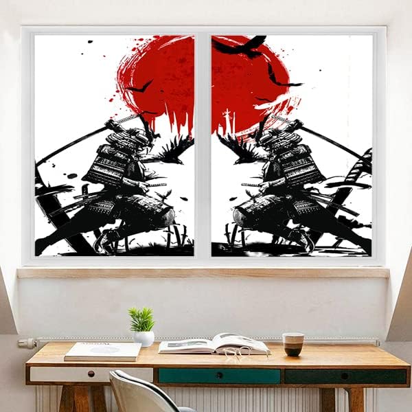 Japanese Samurai Stained Glass Film Watercolor Ink Samurai Sword Red Sun Printwindow Tinting Film for Home,Window Film Stained Glass 23.6Wx35.4L-Inch X2Pcs