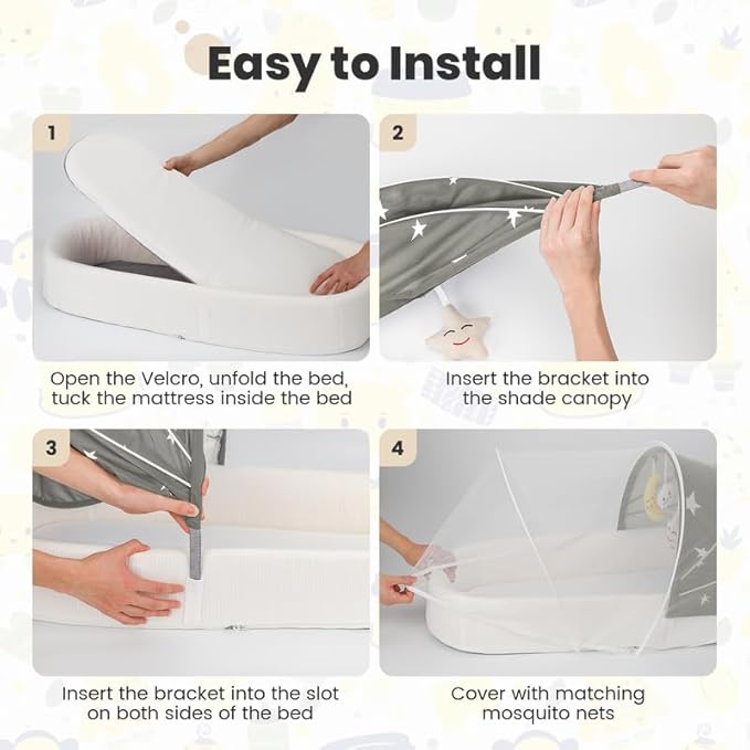 Portable Baby Bassinet- Travel Bassinet for Newborn and Infant, Suitable for Indoor & Outdoor Carry, Lightweight Foldable Washable, Portable Bassinet for Baby Travel, Portable Travel Bassinet, Grey