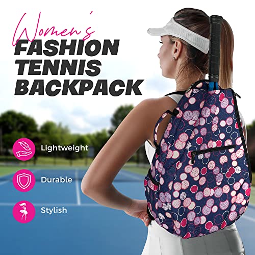 Womens Tennis Backpack - Taboo Fashions Ladies Tennis Bag Holds Two Racquets, Padded Straps and Side Carry Handle