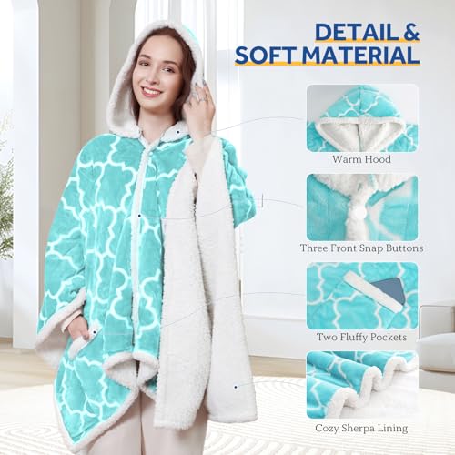 Sealy Wearable Heated Throw Blanket, Flannel & Sherpa Electric Throw Shawl Poncho with Hoodie & Pocket, 6 Heating Levels &...