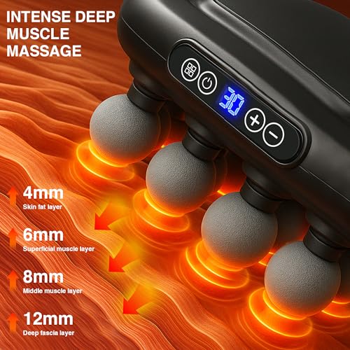 HIADGUNNR 16 Head Massage Gun Set, Deep Tissue Massage Gun Portable with 3 Modes & 30 Intensities, Red Light Therapy, Quie...