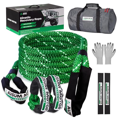 Kinetic Recovery Rope 1in x 20ft, Kinetic Rope Recovery Kit 48,600lbs Break Strength, with 2 Soft Shackles, 35% Elasticit...