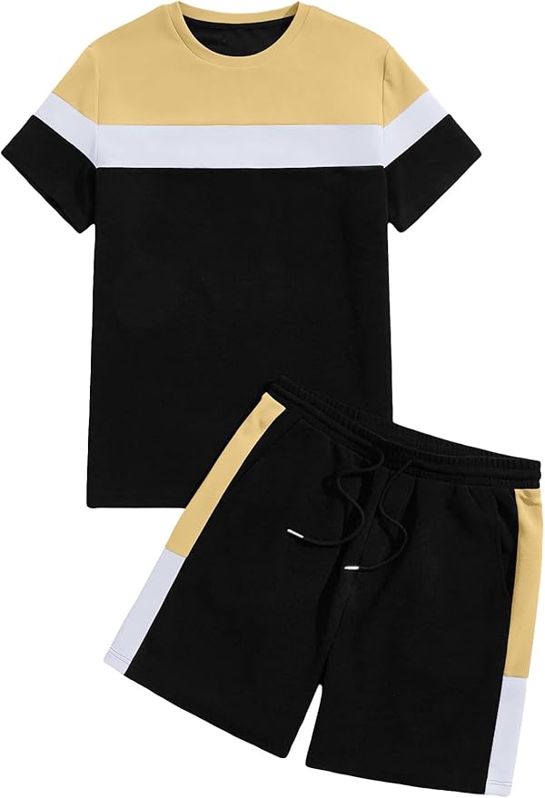 Babioboa Men's Short Sleeve Colorblock T Shirt & Shorts Sweatsuit Set Summer 2 Piece Outfits Casual Athletic Sports Tracksuit