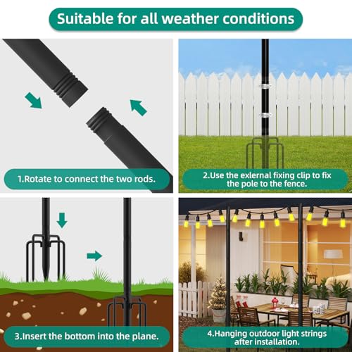 fuzzy-bird 4 Pack String Light Poles, 10Ft Light Poles for Outside, Metal Poles with Fork, Lighting Hanging Post Accessori...