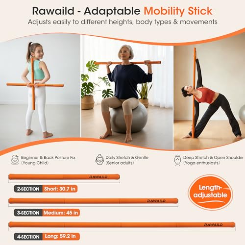 RAWAILD Yoga Stick, Upgraded 5ft Sturdy Steel Mobility Stick, Adjustable Exercise Equipment for Stretching, Flexibility & ...