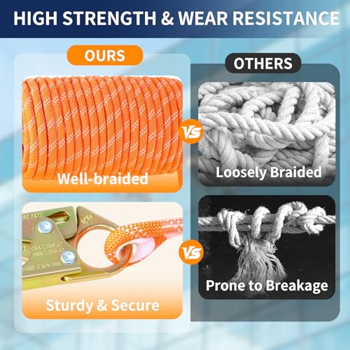 Meyoppm 50ft Vertical Lifeline Assembly, Heavy Duty Fall Protection Safety Rope with Rope Grab, Steel Snap Hooks & Shock A...