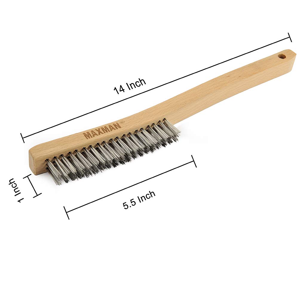 MAXMAN Wire Brush, Heavy Duty Stainless Steel Wire Brushes for Cleaning Rust, Grill Brush, Steel Brush for Paint Removal, Welding, Stiff Bristle Metal Brush with 14" Long Beech Handle, Large