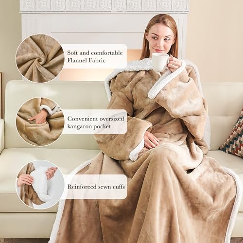 Ramees Sherpa Wearable Blanket with Sleeves and Pockets, Soft Warm TV Blanket Throw for Men and Women