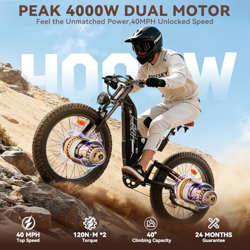 FREESKY 4000W Dual Motor Electric Bike for Adults, 48V 30AH Samsung Cells Battery 120Miles Range, 40MPH AWD Fast E-Bike, 2...