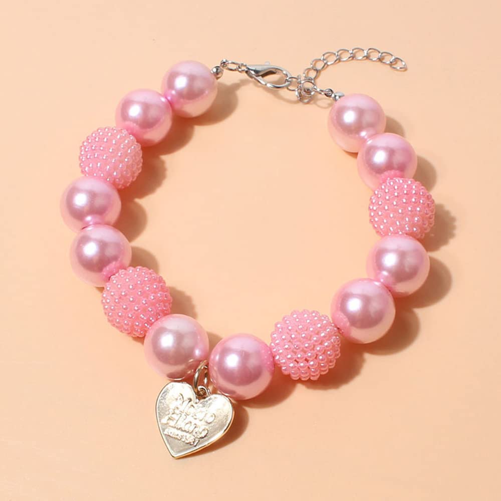 RayMinsino Cute Teddy Dog Pearl Necklace Pink Heart Pendant Pet Collars Dog Clothing Accessories Small and Medium-Sized Dog Collars (9.8-12.6in)