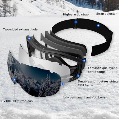 SPOSUNE OTG Ski Goggles Men Women, Over Glasses Anti Fog Snowboard Goggles, UV Protection Snow Goggles for Adult & Youth