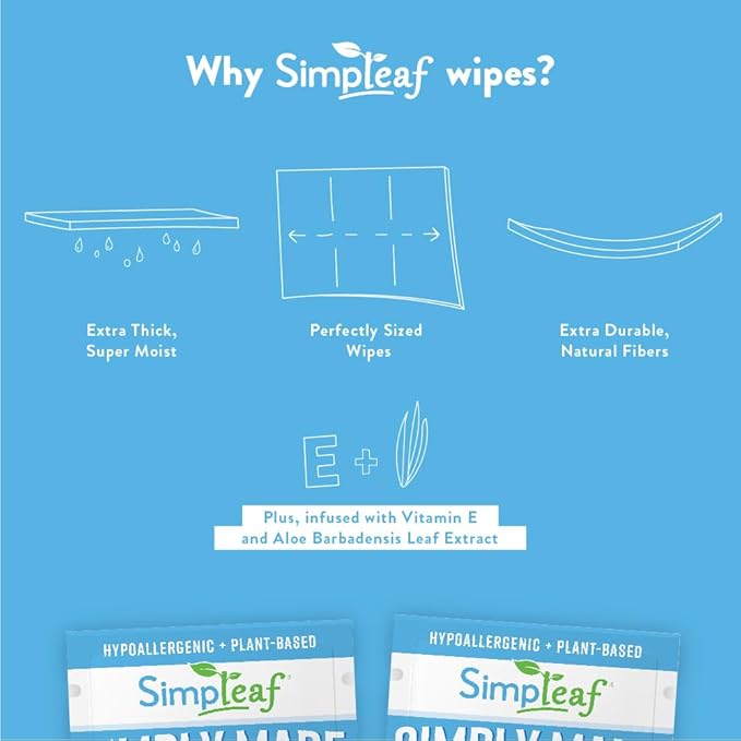 Simpleaf Flushable Unscented Single Pack Wet Wipes | Paraben & Alcohol Free | Hypoallergenic & Safe for Sensitive Skin | Soothing Aloe Vera Formula | (30 x 2 Single Pack Wipes) 60 Counts Total