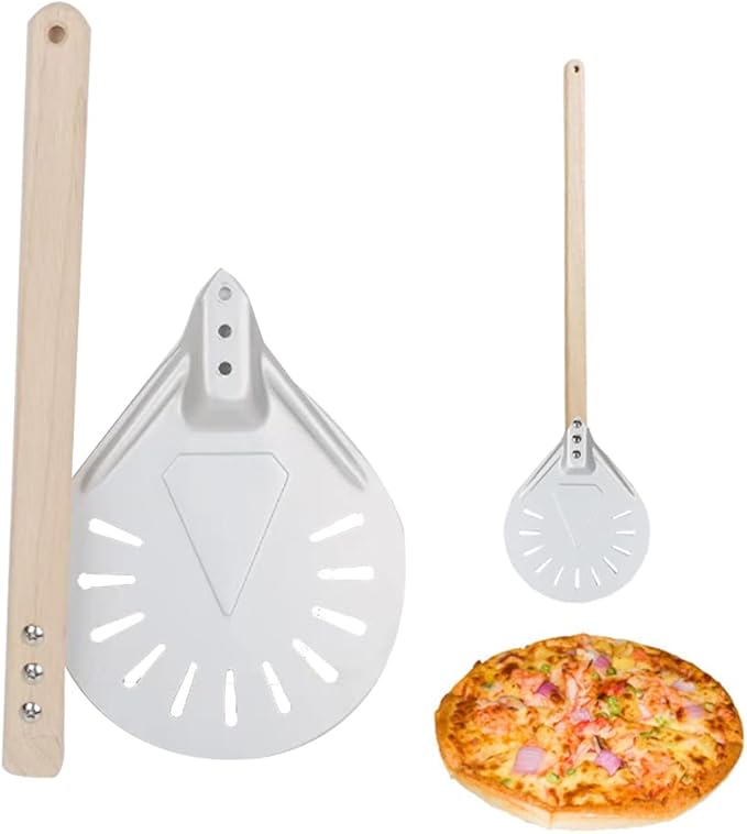 BetterJonny Round Perforated Pizza Peel with Detachable Wood Handle, Aluminum Turning Peel Pizza Paddle Metal Non-slip Perforated Pizza Paddle for Baking（7inch）