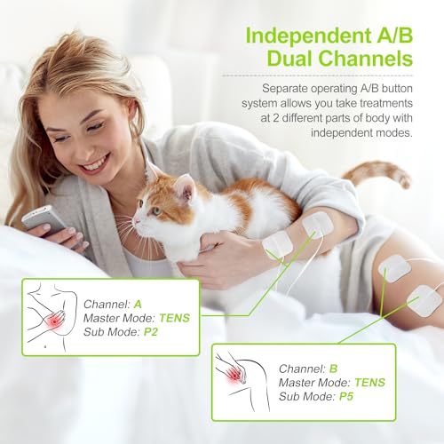 AUVON Dual Channel TENS EMS Unit 24 Modes Muscle Stimulator for Pain Relief, Rechargeable TENS Machine Massager with 12 Pa...