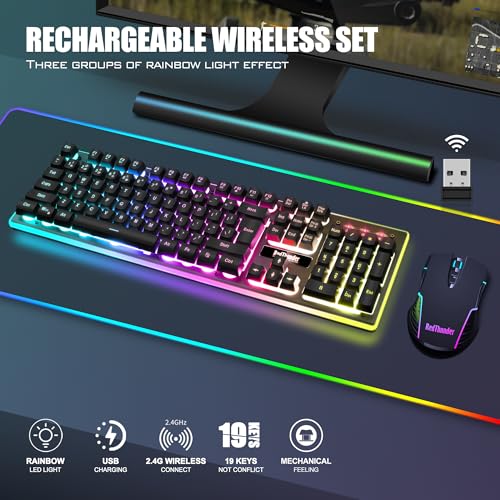 RedThunder K10 Wireless Gaming Keyboard and Mouse Combo, LED Backlit Rechargeable 3800mAh Battery, Mechanical Feel Anti-gh...