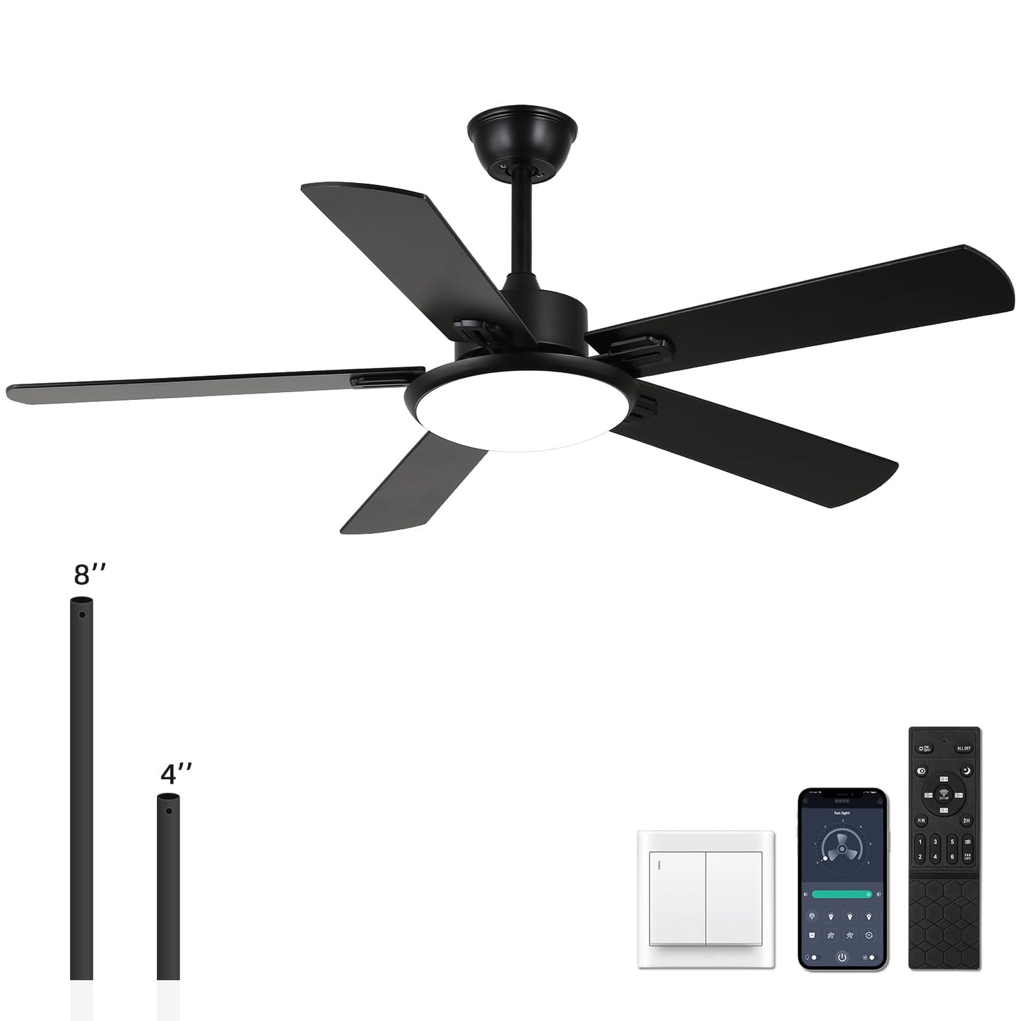 Rienaza Ceiling Fans With Lights,52 Inch Black Ceiling Fan With Light And Remote Control,Reversible,3Cct,Dimmable, Noiseless,Mod