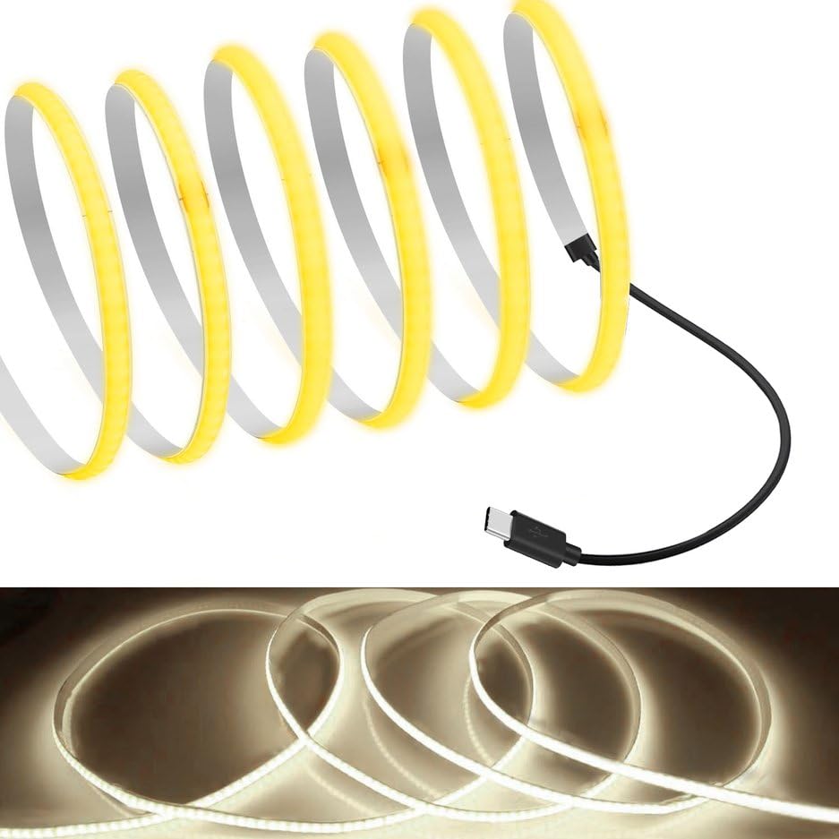 Mdee?Type C Cob Tape Light Led Strip 3.28Ft/1M- Flexible 5Mm Hidden Dc 5V Led Tape With 320 Leds/M For Warm White (4000K) Lighting. Cuttable  Shapeable  Type C Powered. Ideal For Kitchen