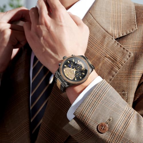 OLEVS Men Watch Blue Gold Analog Quartz Stainless Steel Waterproof Luminous Date Luxury Casual Watch