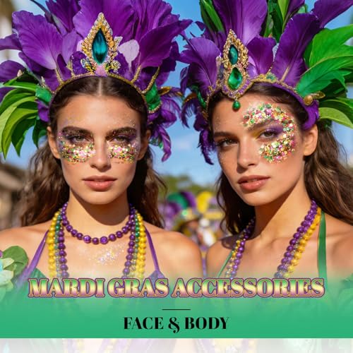 DAGEDA Mardi Gras Body Glitter Gel, Green Gold Purple Face Hair Glitter Carnival Accessories, Chunky Glitters for Mardi Gr...