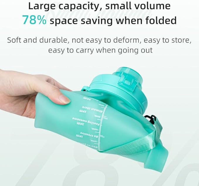 Collapsible Water Bottles 64oz with Removable Straw, Odorless BPA-Free Silicone, Leak-Proof Foldable Reusable Bottle - Perfect for Cruise Travel Sports Gym Hiking Camping Cycling - Cyan