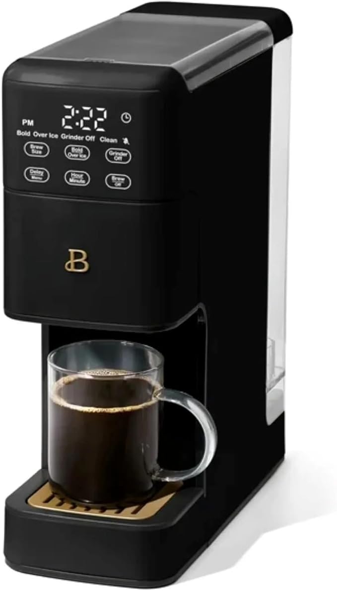 Beautiful™ Perfect Grind™ Programmable Single Serve Coffee Maker – Black by Drew Barrymore, Built-In Grinder for Fresh Grounds, Adjustable Cup Size, Programmable Timer, Reusable Filter, Compact Design