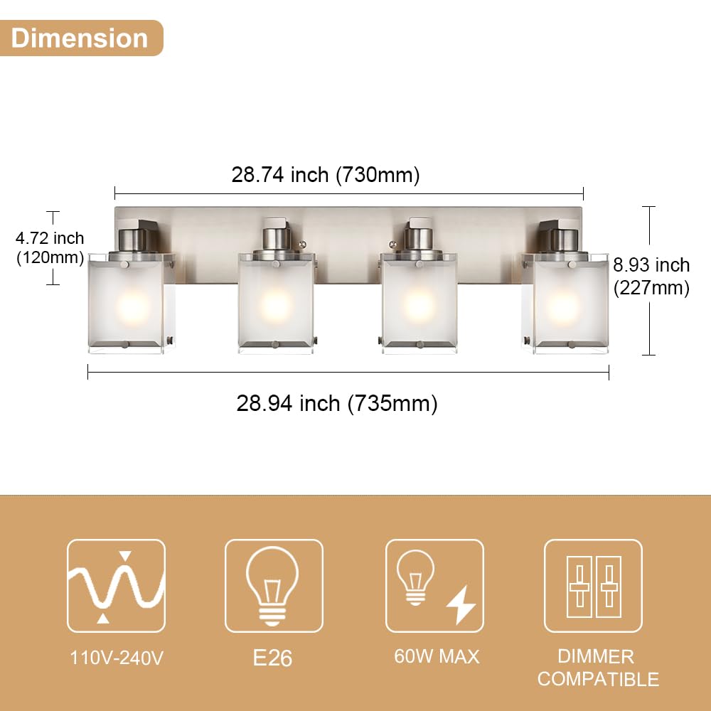 Winshen 4-Lights Bathroom Light Fixtures Over Mirror  Brushed Nickel Vanity Wall Mounted Lighting With Frosted Glass For Kitchen Living Room  E26 Bulb Base