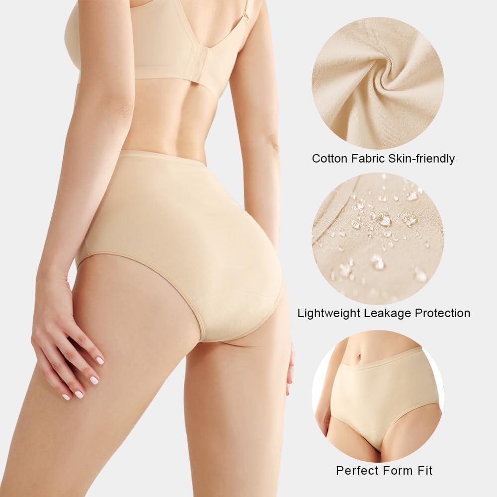 BATTEWA Incontinence Underwear for Women,Leak Proof Underwear Washable Absorbency Cotton Panties Bladder Leakage Protective 50ML(Beige,Large,3-Pack)