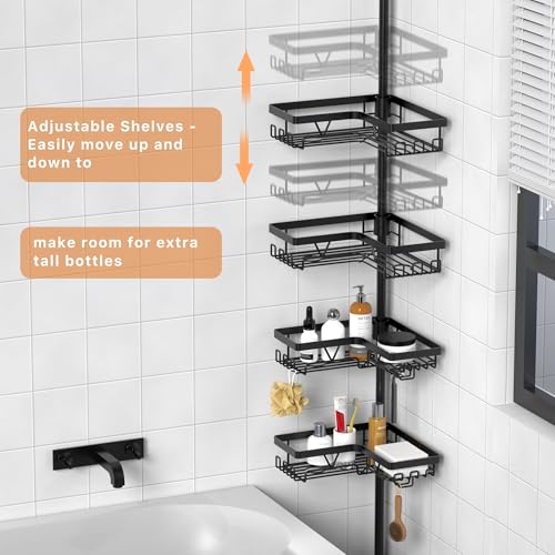 KEGII Corner Shower Caddy Tension Pole - Shower Tension Rod Organizer, Floor to Ceiling Shower Caddy 25-114.2 inch, Towel ...