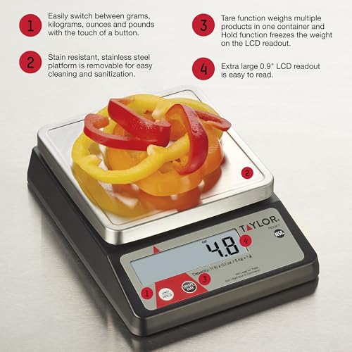 Taylor TE10FT 11-Pound Commercial Digital Portion Control Scale, 11 lb (5 kg) in 0.1 oz (1 g) Food and Cooking Scale, Tare...