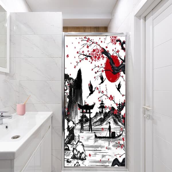 Vintage Japanese Style Decorative Window Film Abstract Ink Japanese Landscape Torii Gatekids Blackout Window Film,Cafe Lighted Window Film 35.4Wx78.7L-Inch X1Pcs