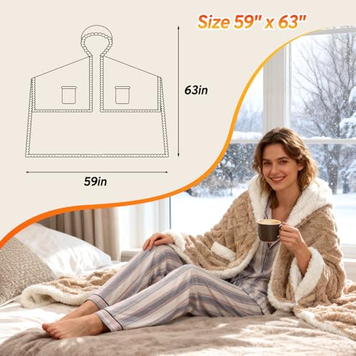 Heated Throw Blanket Wearable Battery Operated, 59" x 63" Cordless Portable Electric Blanket Wrap Poncho, Outdoor Heated S...