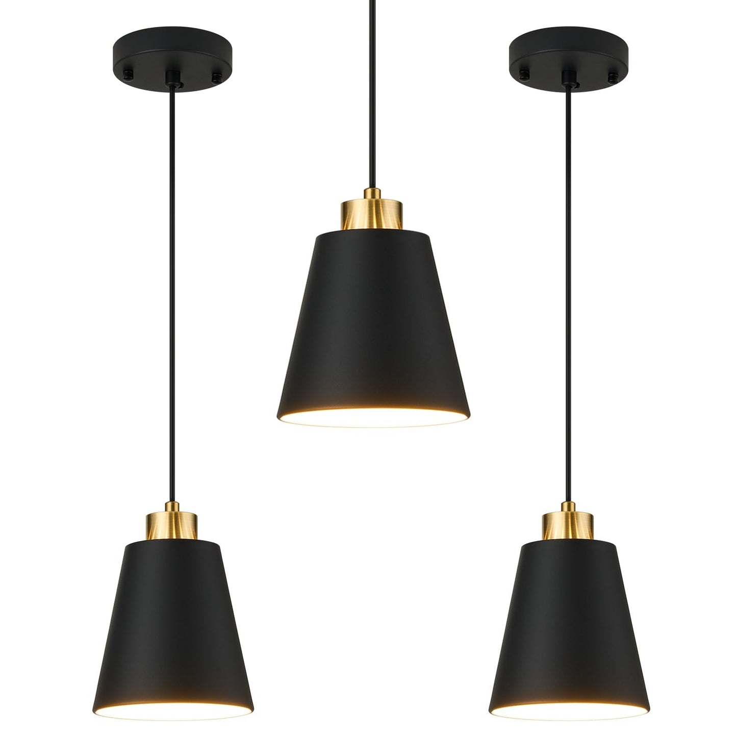 Lamknvs 3-Pack Matte Black Pendant Lights Metal Cone Kitchen Island Pendant Lighting With Gold Modern Hollow Shade Hanging Light Fixture For Dining Room Bar Hallway 63 Adjustable Cord